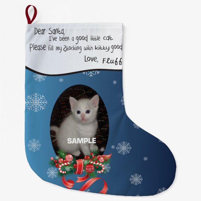 Blue ADD YOUR Cat Photo and Name Dear Santa Large Christmas Stocking (Front)