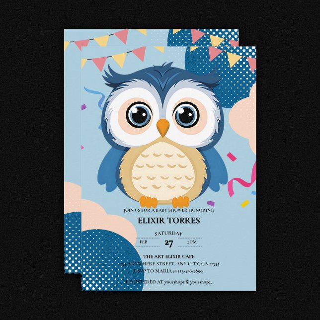 Blue Adorable Woodland Baby Owl Baby Shower Invitation (Creator Uploaded)