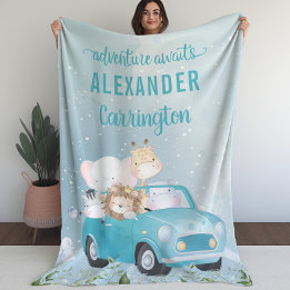 Blue Adventure Awaits Watercolor Safari Animals Fleece Blanket