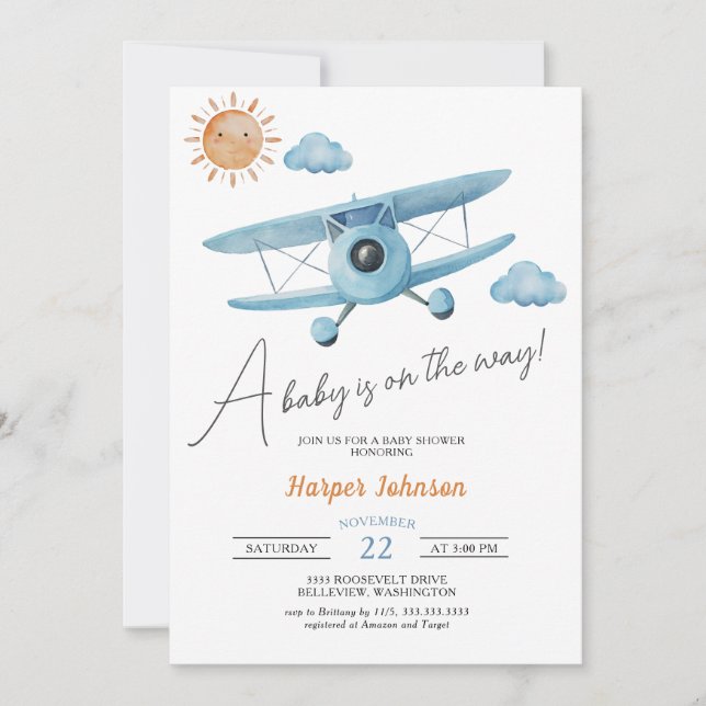 Blue Aeroplane Baby Shower Invitation (Front)