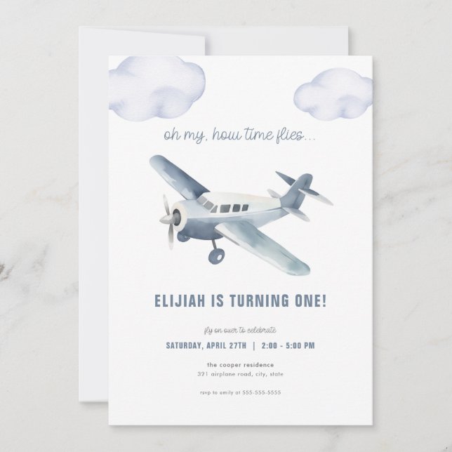 Blue Aeroplane Birthday Invitation Plane Invite (Front)