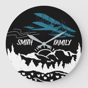 Blue Aeroplane,Mountains,Sunset,Retro, Personalise Large Clock