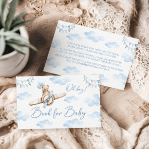 Blue Aeroplane Teddy Bear Bow Book for Baby Shower Enclosure Card