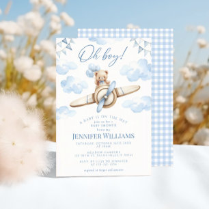 Blue Aeroplane Teddy Bear Oh Boy Baby Shower Invitation