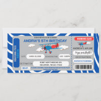 Blue Aeroplane Ticket Birthday Party Invitation