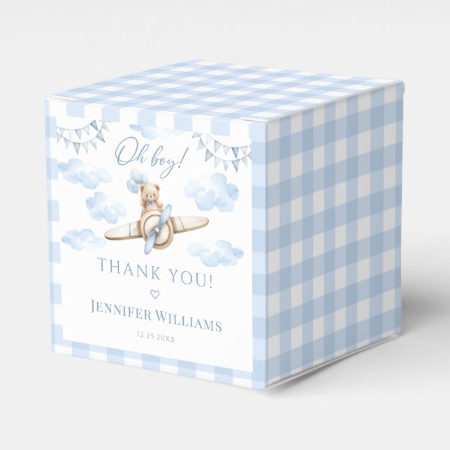 Blue Aeroplane with Teddy Bear Baby Boy Shower Favour Box (Front Side)