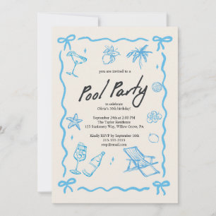 Blue Aesthetic Whimsical Pool Party Invitation