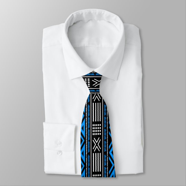 Blue African Bogolan Culturally Rich Neck Tie (Tied)