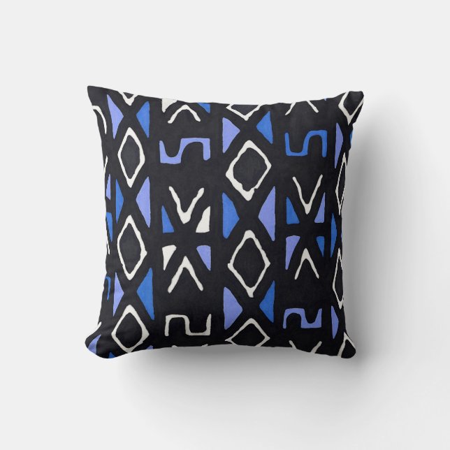 Blue African Mudcloth Tribal Print Cushion (Front)