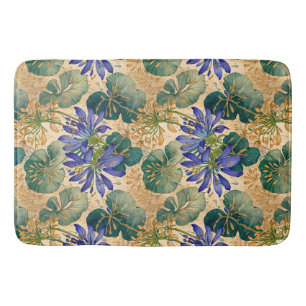 Blue Agapanthus on Tan Floral Bath Mat