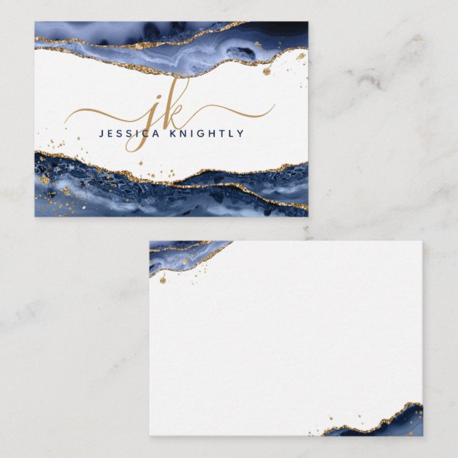 Blue Agate Geode Gold Glitter Script Monogram Card (Front/Back)