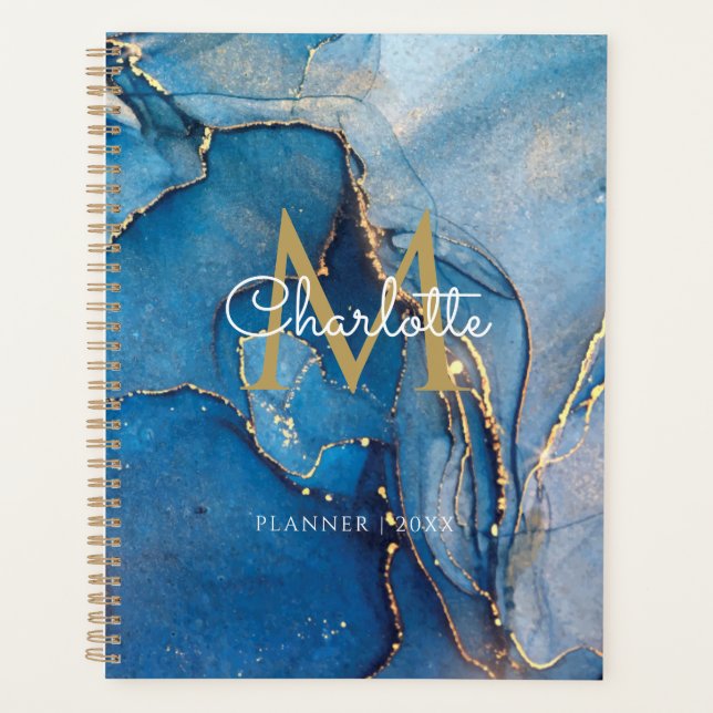 Blue Agate Geode Gold Monogram Script 2021 Planner (Front)