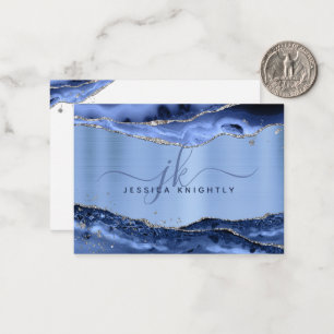 Blue Agate Geode Metallic Glitter Script Monogram Card