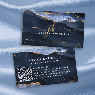 Blue Agate Geode Monogram Gold Script Business Card