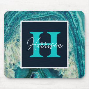 Blue Agate Geode Monogram Simple Modern  Mouse Pad