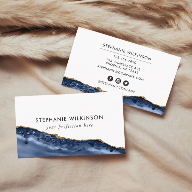 Blue Agate & Gold Border Watercolor Business Card (Blue Agate & Gold Border Watercolor Business Card)