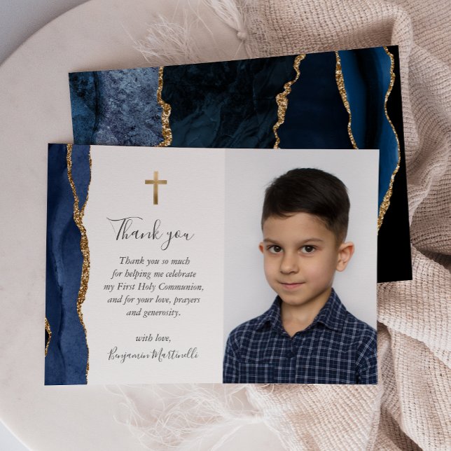 Blue Agate Gold First Communion Thank You Card (Creator Uploaded)