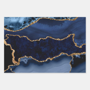Blue Agate Gold Glitter Abstract Marble Art Wrapping Paper Sheet