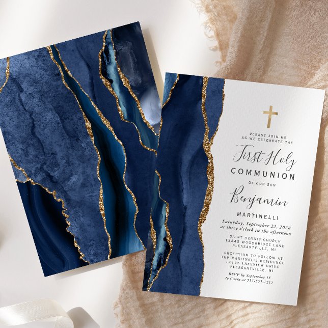  Blue Agate Gold Glitter First Holy Communion Invitation (Creator Uploaded)