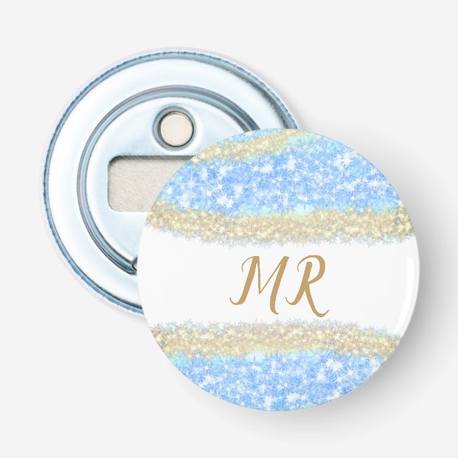 blue agate gold glitter sparkle monogram name text bottle opener (Front)