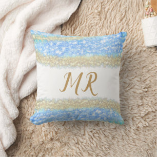 blue agate gold glitter sparkle monogram name text cushion