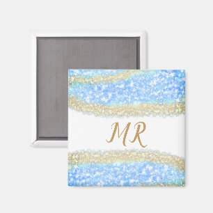 blue agate gold glitter sparkle monogram name text magnet