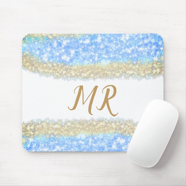 blue agate gold glitter sparkle monogram name text mouse pad (With Mouse)