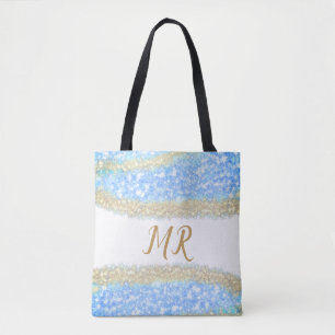 blue agate gold glitter sparkle monogram name text tote bag