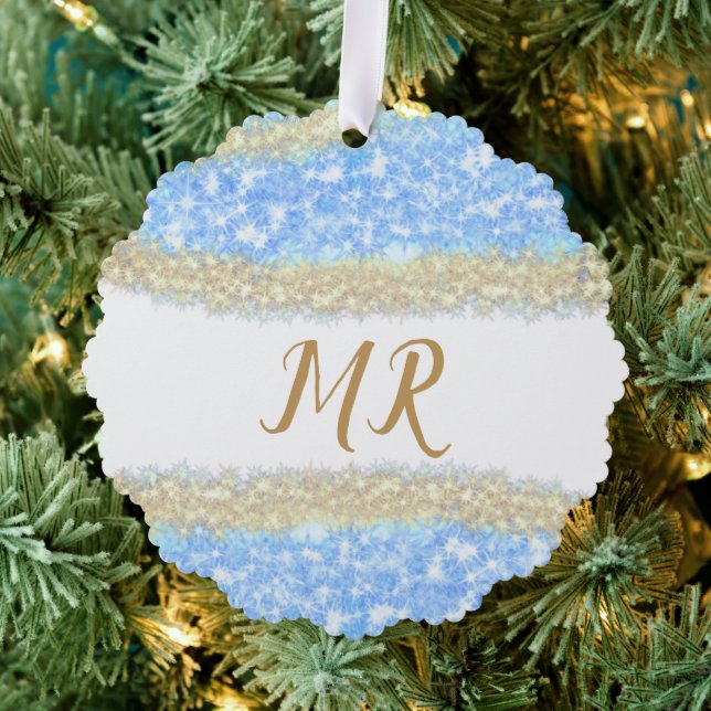 blue agate gold glitter sparkle monogram name text tree decoration card (Insitu (Tree))