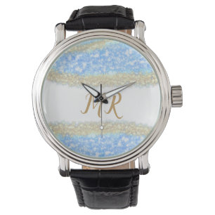 blue agate gold glitter sparkle monogram name text watch
