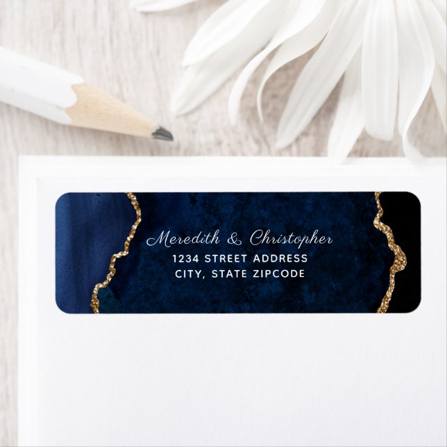 Blue Agate Gold Glitter Wedding Return Address (Insitu)