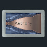 Blue agate marble copper name belt buckle<br><div class="desc">A dark blue and ropper agate,  marble stone print as background. Personalise and add your name.</div>