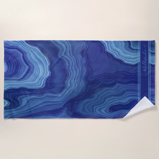 Blue Agate Marble monogram name  Beach Towel (Front)