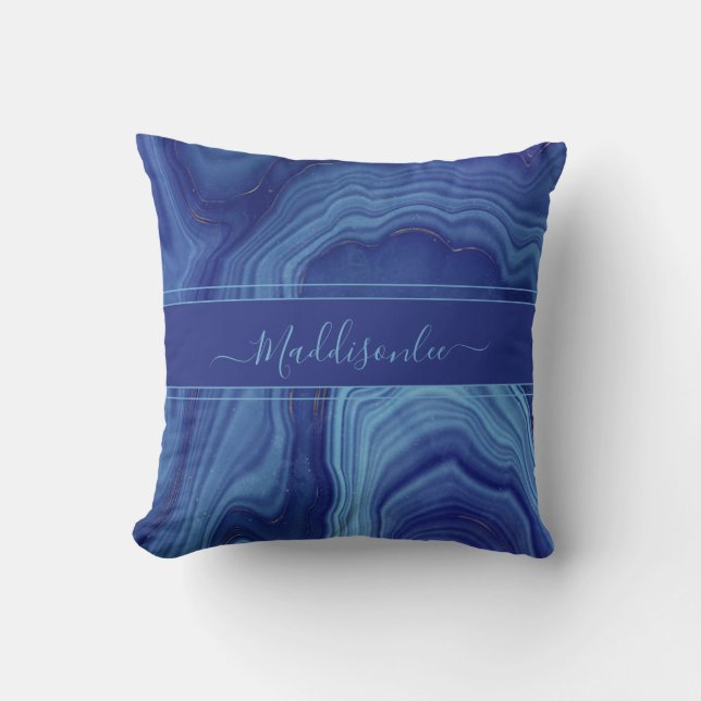 Blue Agate Marble monogram name Cushion (Front)