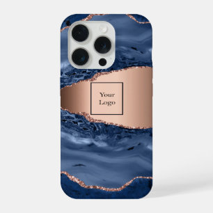 Blue agate marble rose gold business logo iPhone 15 pro case