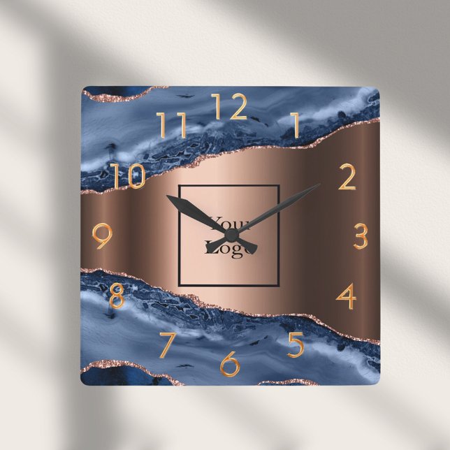 Blue agate marble rose gold business logo square wall clock (Creator Uploaded)