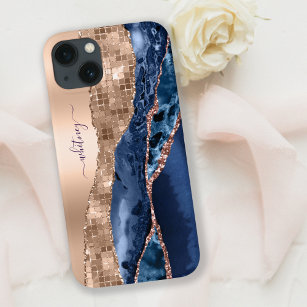 Blue Agate Marble & Rose Gold Glitter Modern iPhone 13 Case
