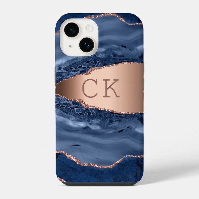 Blue agate marble rose gold monogram initials iPhone case (Back)