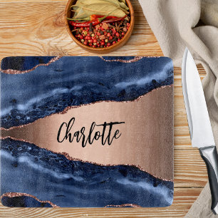 Blue agate marble rose gold name elegant cutting board
