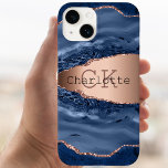 Blue agate marble rose gold name monogram Case-Mate iPhone 14 case<br><div class="desc">A dark blue and rose gold agate,  marble stone print as background Personalise and add your name and monogram initials.</div>