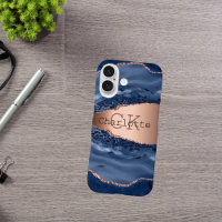 Blue agate marble rose gold name monogram