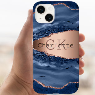 Blue agate marble rose gold name monogram Case-Mate iPhone case