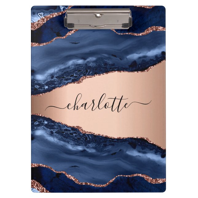 Blue agate marble rose gold name monogram clipboard (Front)