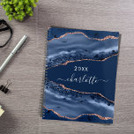 Blue agate marble rose gold name script 2025 planner<br><div class="desc">A dark blue and rose gold agate,  marble stone print as background Personalise and add your name. The name is written with a modern hand lettered style script.</div>