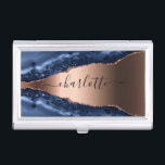 Blue agate marble rose gold name script business card holder<br><div class="desc">A dark blue and rose gold agate,  marble stone print as background. Personalise and add your name. The name is written with a modern hand lettered style script with swashes. 
To keep the swashes only delete the sample name,  leave the spaces or emoji's in front and after the name.</div>
