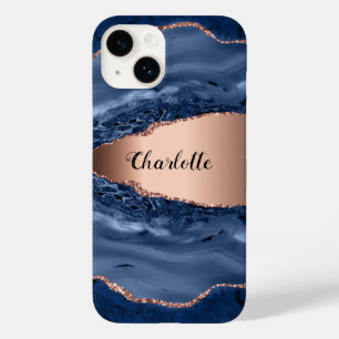 Blue agate marble rose gold name script Case-Mate iPhone 14 case