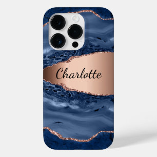 Blue agate marble rose gold name script  Case-Mate iPhone 14 pro case