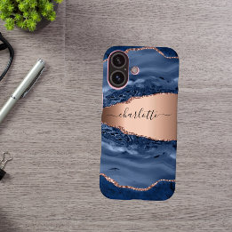Blue agate marble rose gold name script iPhone 16 case