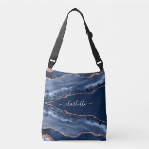 Blue agate marble rose gold name script crossbody bag