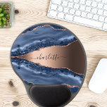 Blue agate marble rose gold name script gel mouse pad<br><div class="desc">A dark blue and rose gold agate,  marble stone print as background Personalise and add your name. The name is written with a modern hand lettered style script.</div>